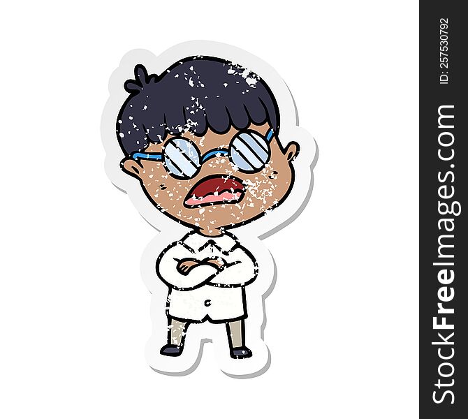 distressed sticker of a cartoon boy with crossed arms wearing spectacles