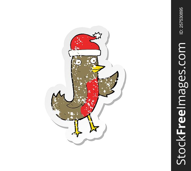retro distressed sticker of a cartoon christmas robin wearing hat