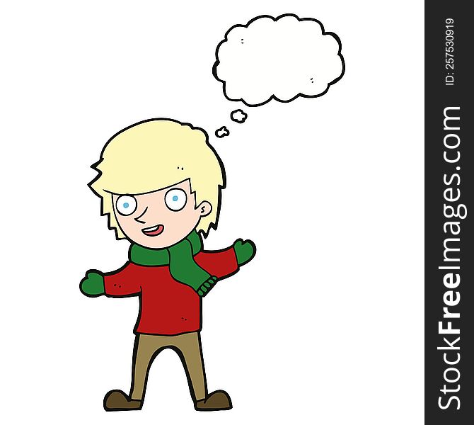 cartoon boy in winter clothes with thought bubble