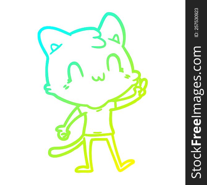 Cold Gradient Line Drawing Cartoon Happy Cat Giving Peace Sign