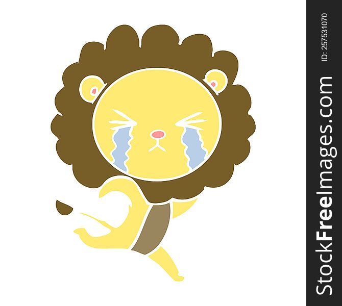 flat color style cartoon crying lion running away