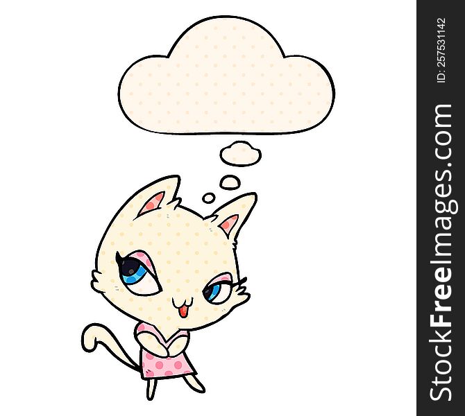 cartoon female cat with thought bubble in comic book style