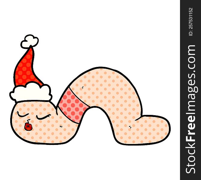 hand drawn comic book style illustration of a worm wearing santa hat