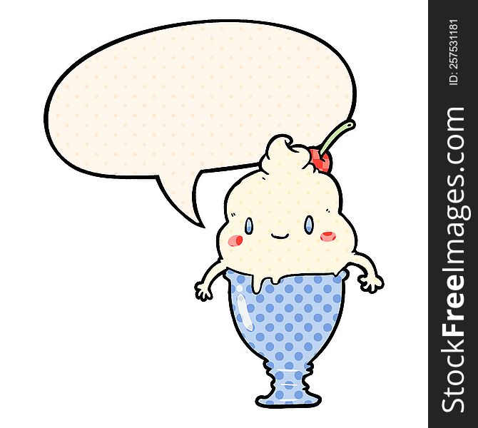 cute cartoon ice cream with speech bubble in comic book style