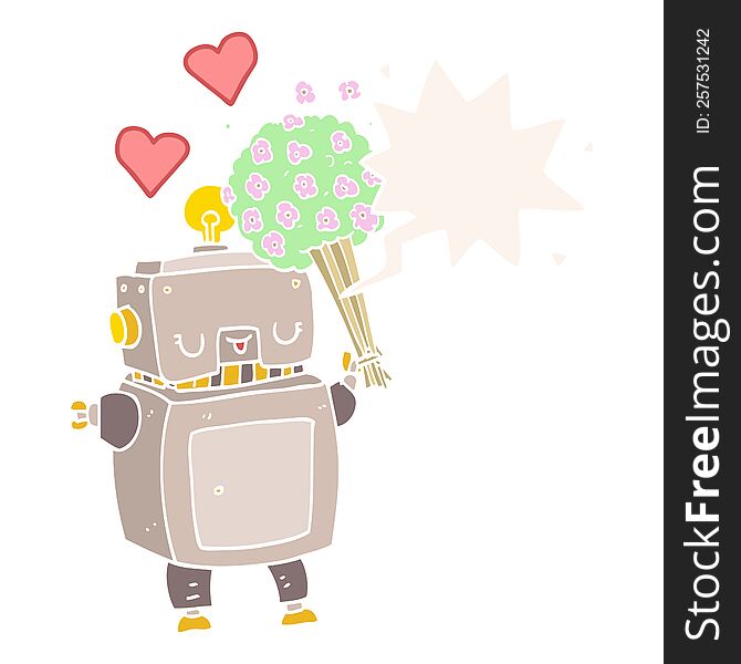 Cartoon Robot In Love And Speech Bubble In Retro Style