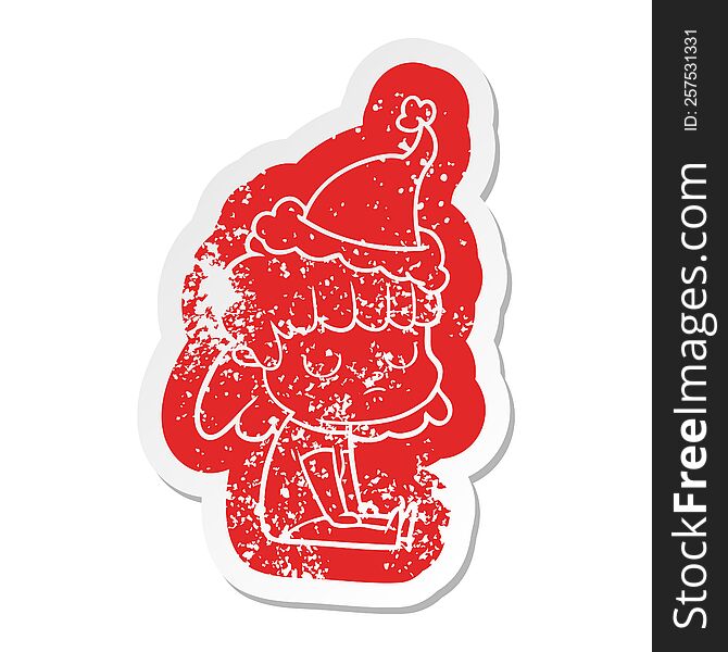 Cartoon Distressed Sticker Of A Indifferent Woman Wearing Santa Hat