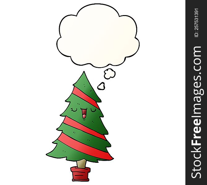 Cartoon Christmas Tree And Thought Bubble In Smooth Gradient Style