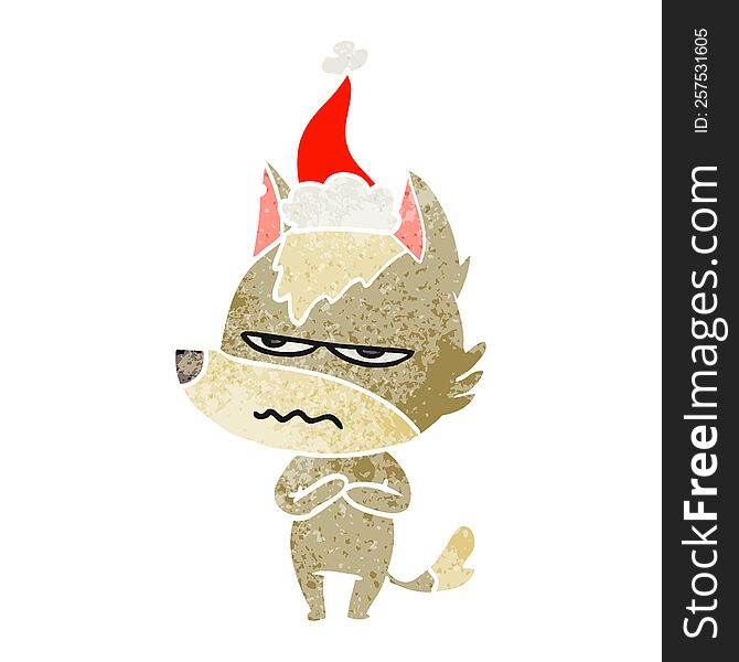 Retro Cartoon Of A Annoyed Wolf Wearing Santa Hat