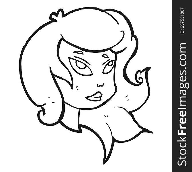 freehand drawn black and white cartoon female face