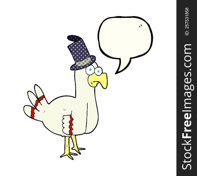 freehand drawn comic book speech bubble cartoon bird wearing top hat