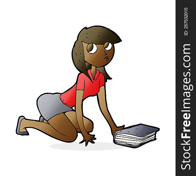 cartoon girl picking up book