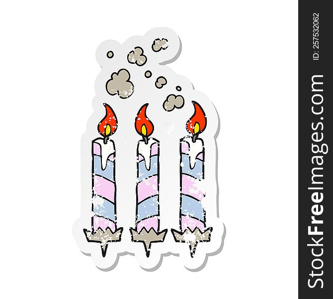 Retro Distressed Sticker Of A Cartoon Birthday Cake Candles