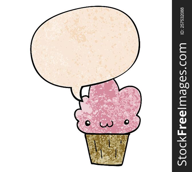 Cartoon Cupcake And Face And Speech Bubble In Retro Texture Style