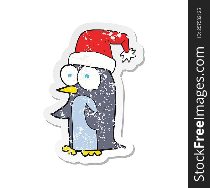 Retro Distressed Sticker Of A Cartoon Christmas Penguin