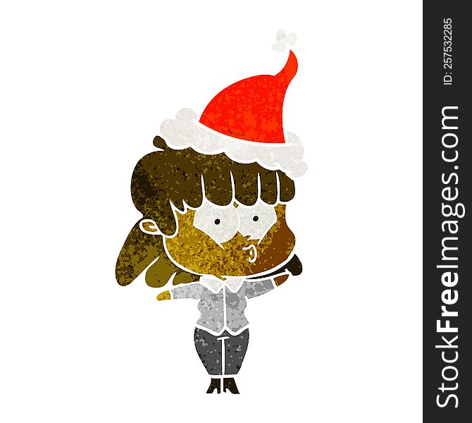 Retro Cartoon Of A Whistling Girl Wearing Santa Hat