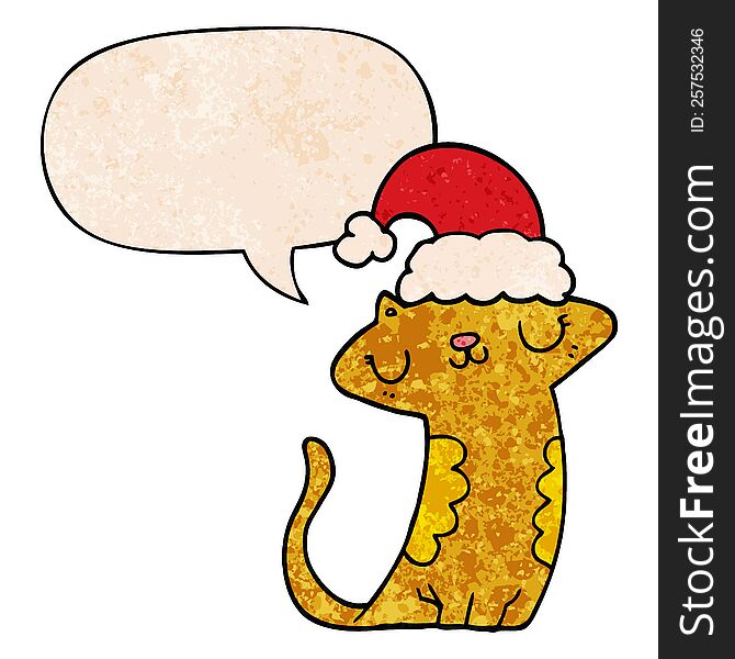 Cute Cartoon Cat Wearing Christmas Hat And Speech Bubble In Retro Texture Style