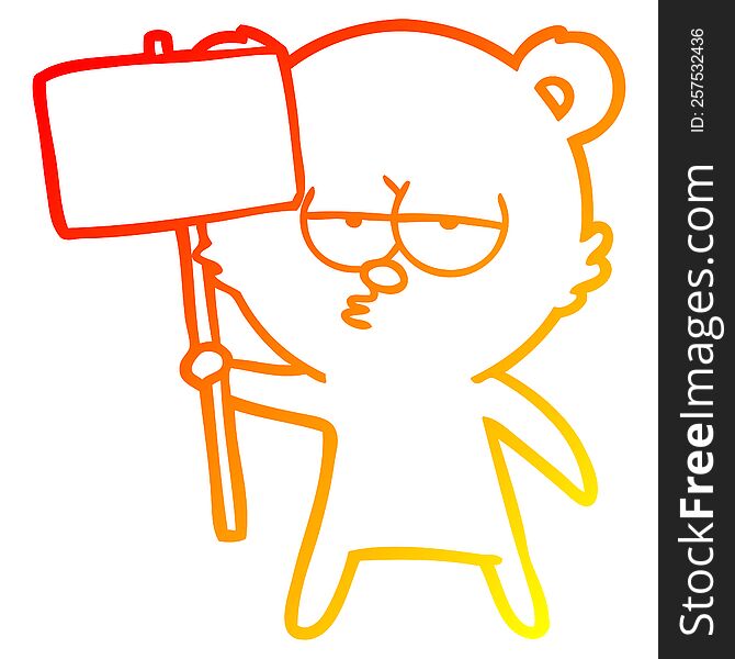 Warm Gradient Line Drawing Bored Polar Bear Cartoon With Sign