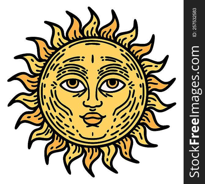 tattoo in traditional style of a sun with face. tattoo in traditional style of a sun with face