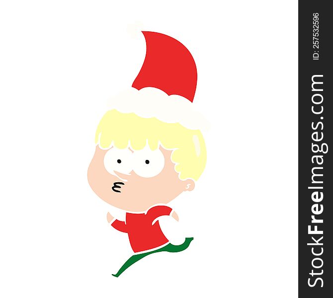 hand drawn flat color illustration of a curious boy running wearing santa hat