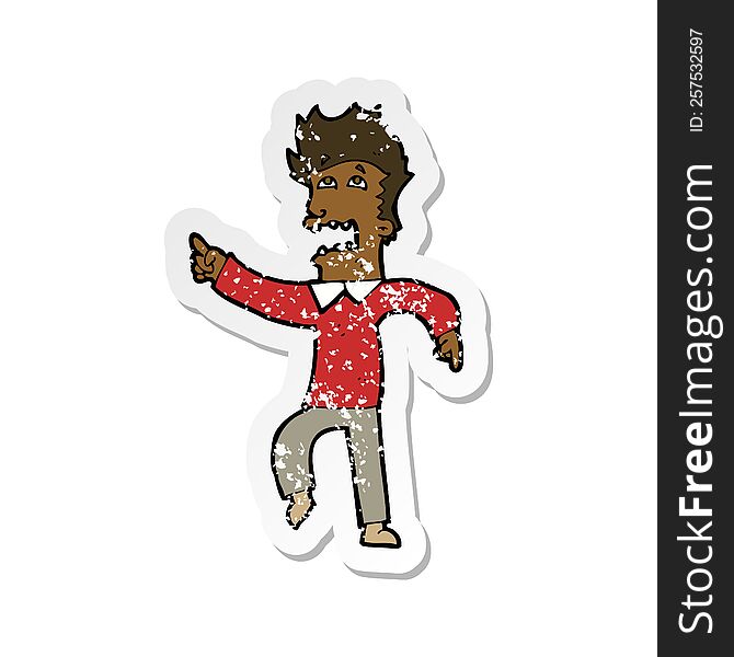 Retro Distressed Sticker Of A Cartoon Frightened Man Pointing