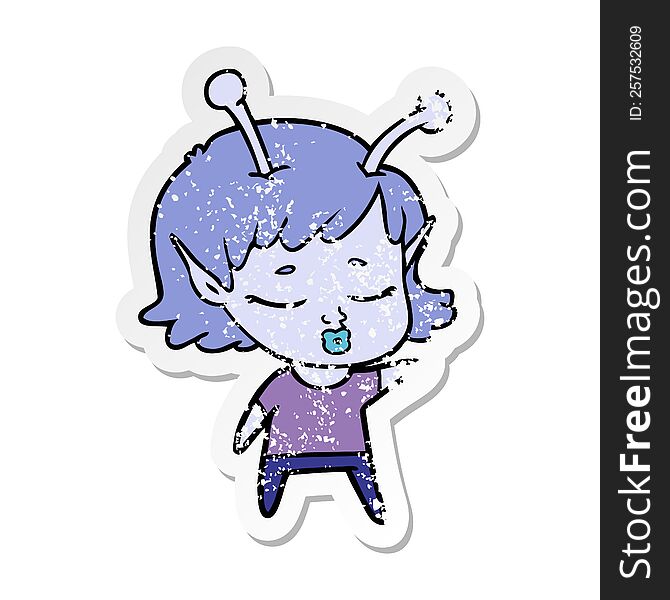 Distressed Sticker Of A Cute Alien Girl Cartoon