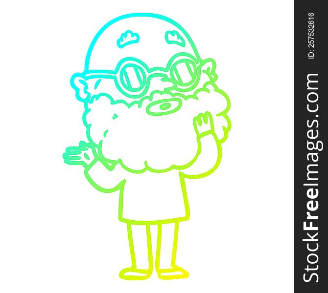 cold gradient line drawing of a cartoon curious man with beard and glasses
