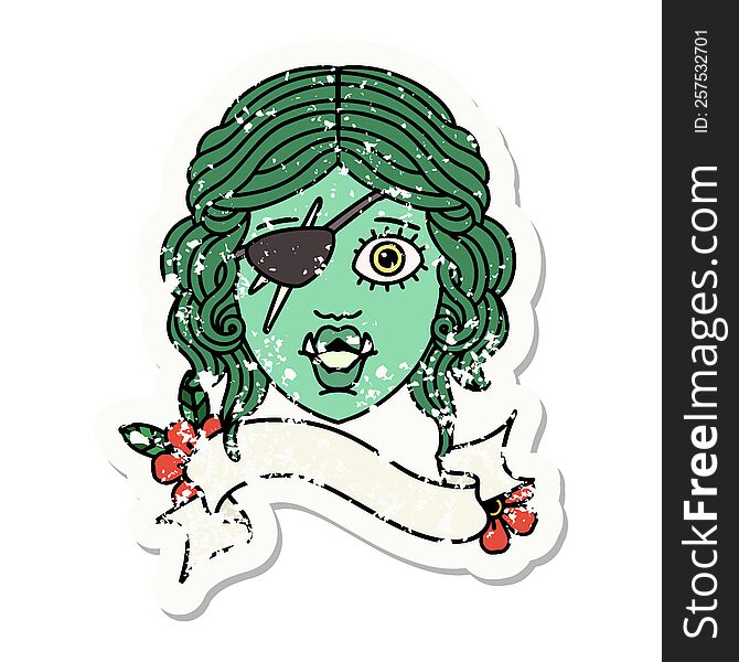 grunge sticker of a orc rogue character face. grunge sticker of a orc rogue character face