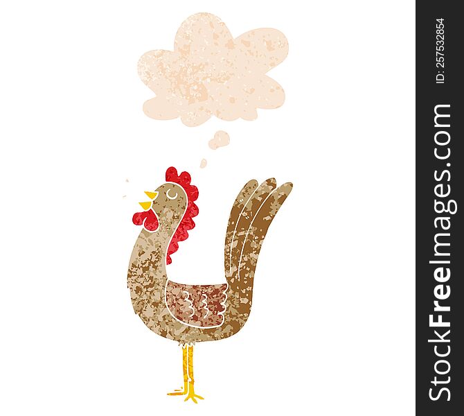 cartoon rooster with thought bubble in grunge distressed retro textured style. cartoon rooster with thought bubble in grunge distressed retro textured style