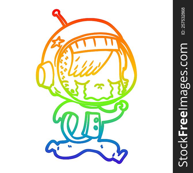 rainbow gradient line drawing of a cartoon crying astronaut girl running