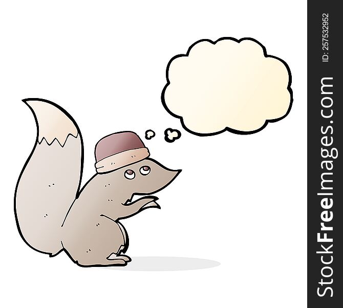 cartoon squirrel wearing hat with thought bubble