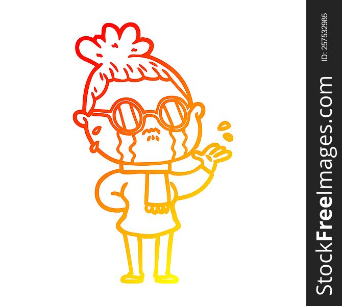 Warm Gradient Line Drawing Cartoon Crying Woman Wearing Spectacles