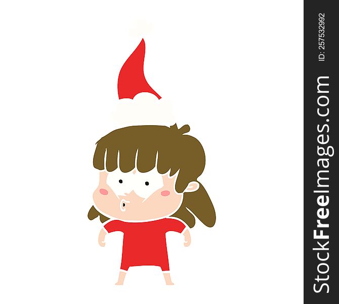hand drawn flat color illustration of a whistling girl wearing santa hat