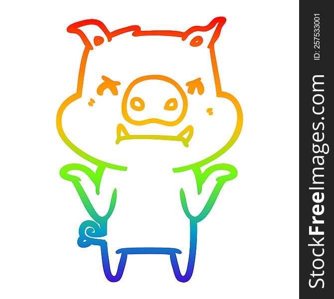 Rainbow Gradient Line Drawing Angry Cartoon Pig Shrugging Shoulders