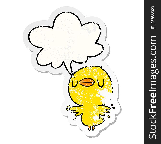 cute cartoon chick flapping wings with speech bubble distressed distressed old sticker. cute cartoon chick flapping wings with speech bubble distressed distressed old sticker