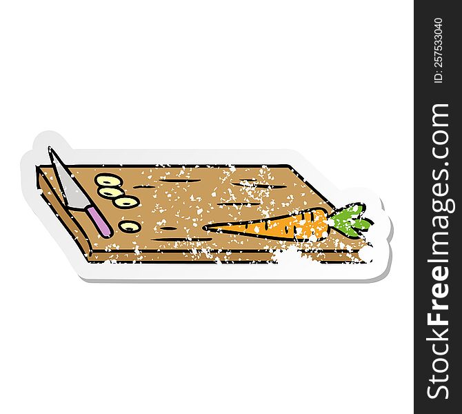 Distressed Sticker Cartoon Doodle Of Vegetable Chopping Board