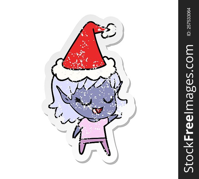 happy distressed sticker cartoon of a elf girl wearing santa hat