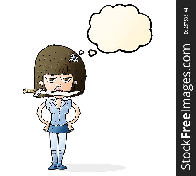 cartoon woman with knife between teeth with thought bubble