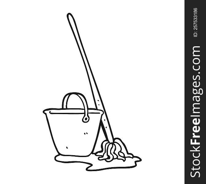 freehand drawn black and white cartoon mop and bucket