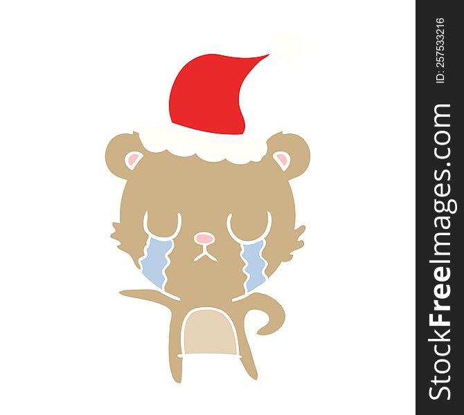 Crying Flat Color Illustration Of A Bear Wearing Santa Hat