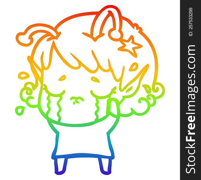 rainbow gradient line drawing of a cartoon crying alien girl