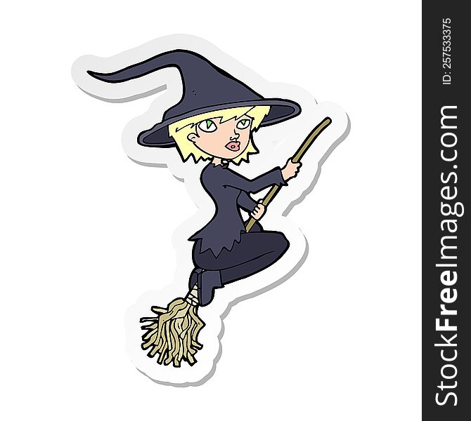 sticker of a cartoon witch riding broomstick