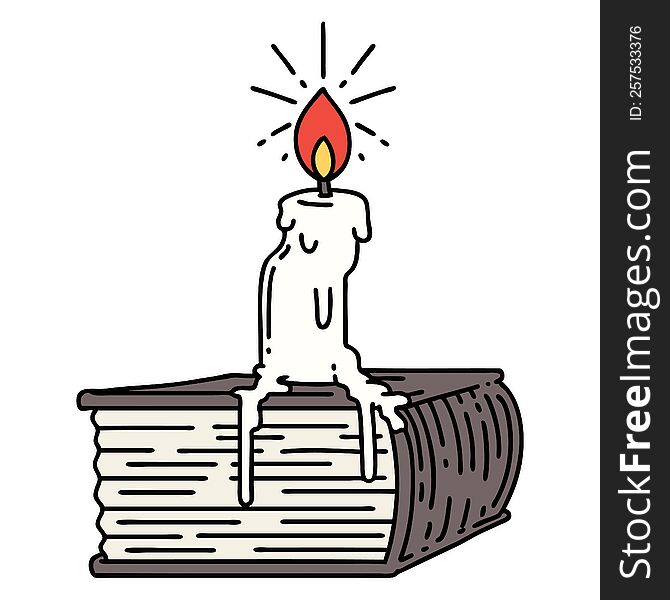 illustration of a traditional tattoo style candle melting on book