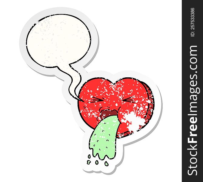 Cartoon Love Sick Heart And Speech Bubble Distressed Sticker