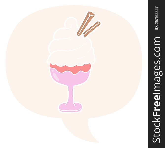 cartoon ice cream dessert with speech bubble in retro style