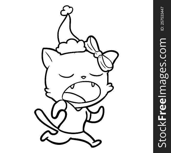 Line Drawing Of A Yawning Cat Wearing Santa Hat