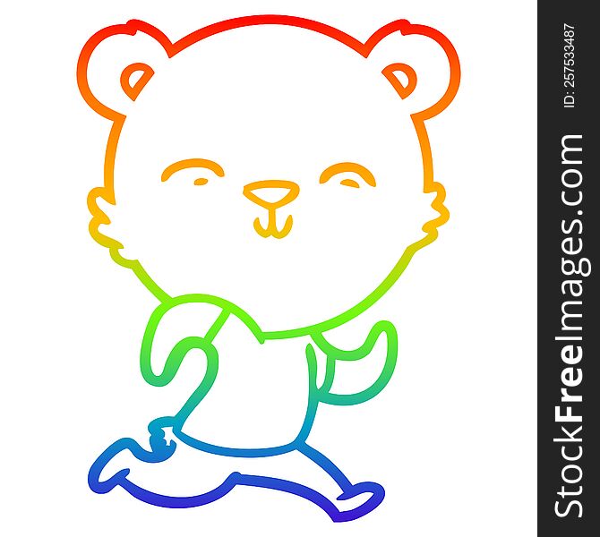 rainbow gradient line drawing of a happy cartoon bear jogging