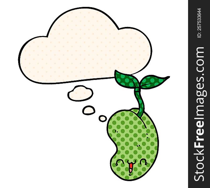 cute cartoon seed sprouting with thought bubble in comic book style