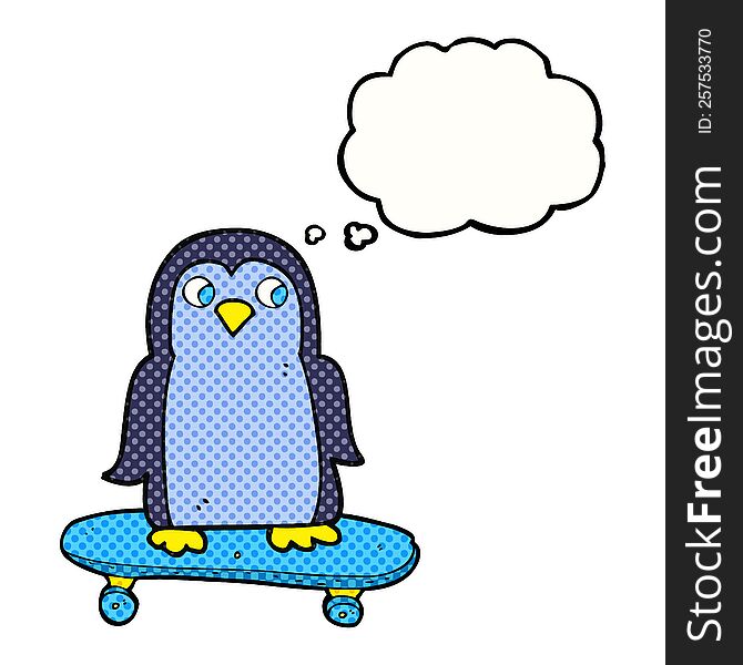 freehand drawn thought bubble cartoon penguin riding skateboard