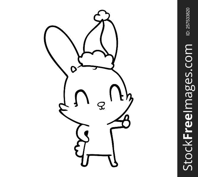 Cute Line Drawing Of A Rabbit Wearing Santa Hat