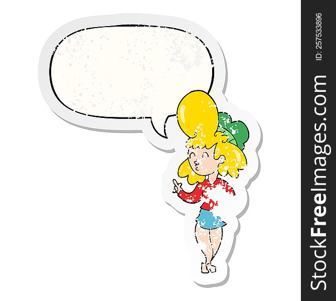 cartoon woman with big hair with speech bubble distressed distressed old sticker. cartoon woman with big hair with speech bubble distressed distressed old sticker